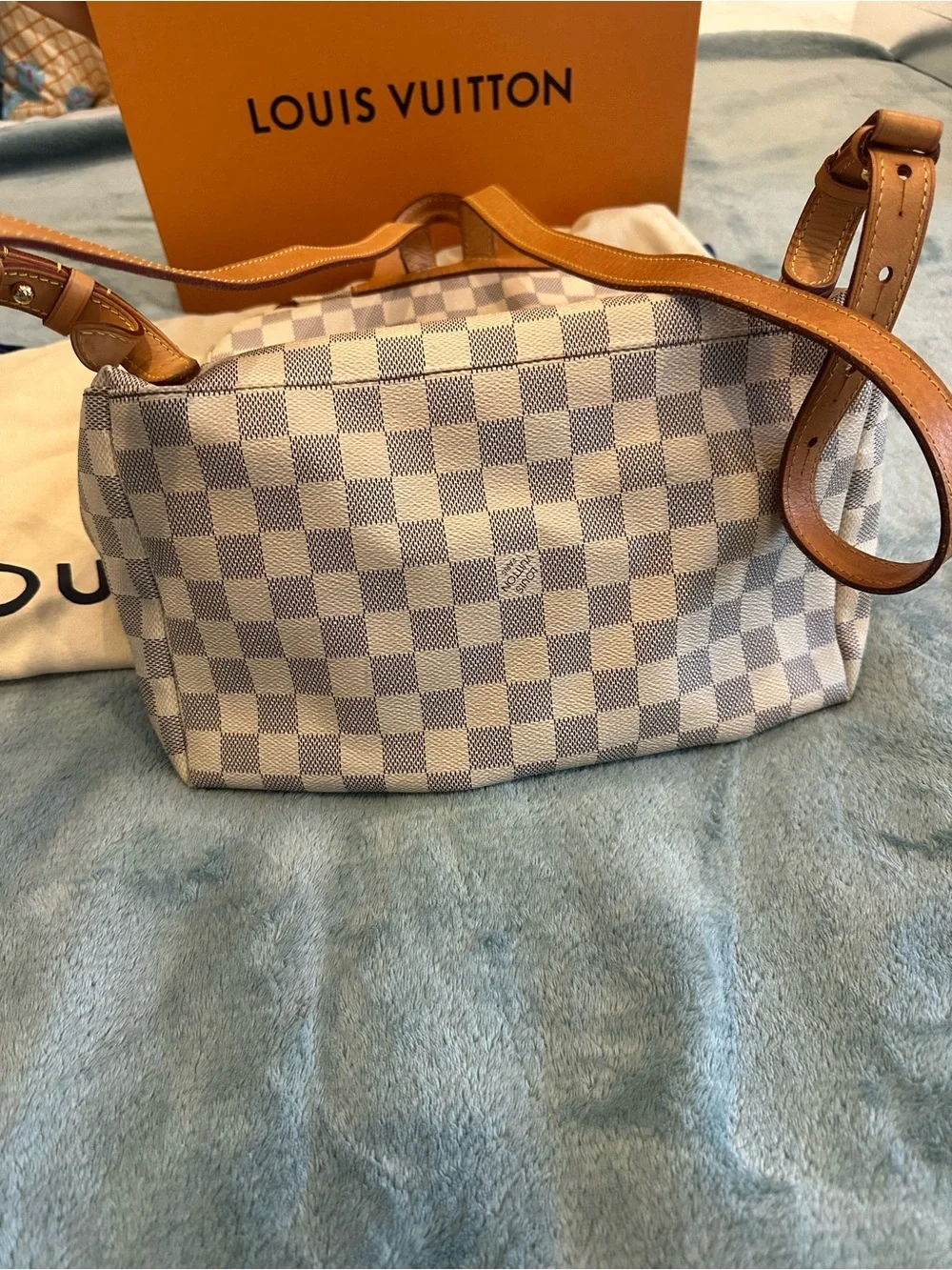 Louis Vuitton Damier Azur Check Canvas Backpack with Tan Leather Trim